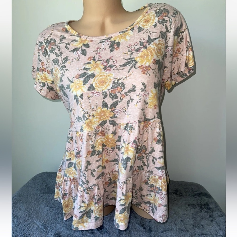 BobbieBrooks Women’s Babydoll TieredTop Sz:M Pink/Yellow Ruffle flowers pattern
